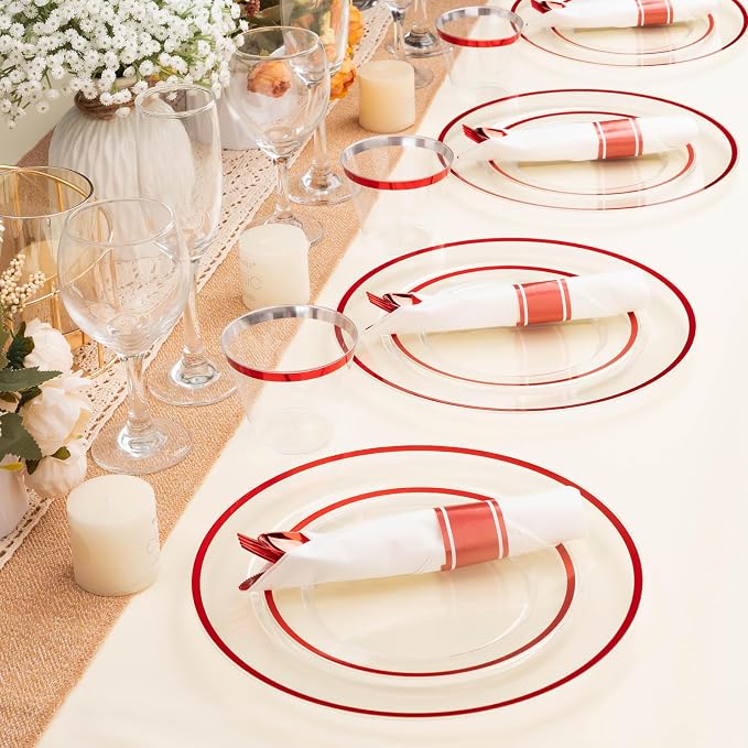 BESTSTAR 350PCS 4th of July Clear and Red Disposable Plates Set for 50 Guests, 100 Plastic Plates, 50 Plastic Cups, 50 Pre-Rolled Napkins with Cutlery for 4th of July, Christmas, Birthday