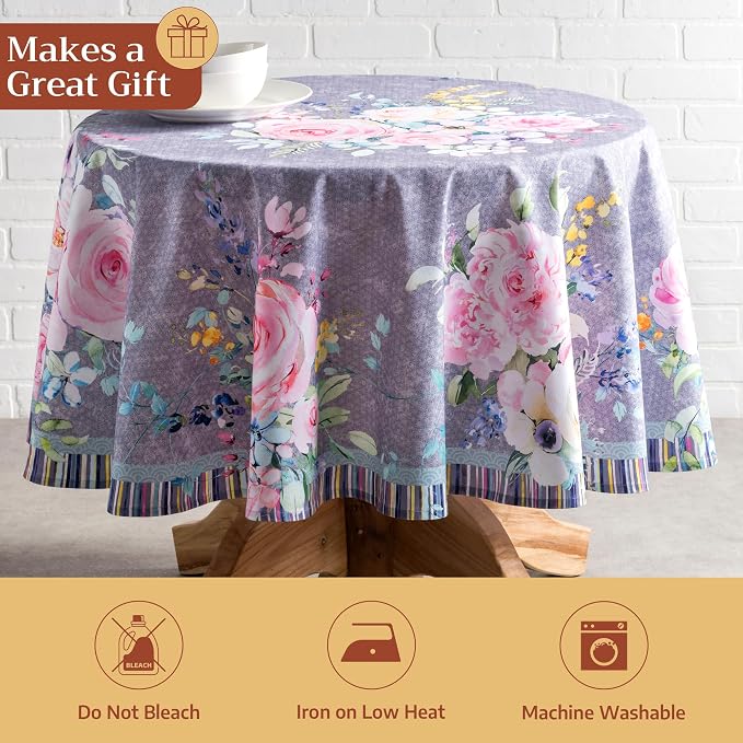 Maison d' Hermine Table Cloth Round Table 100% Cotton 63 Round Inches Tablecloth Reusable Decorative for Dining Kitchen Room Farmhouse Party Hotel Restaurant Spring Summer - Sweet Rose Lavender - Lush