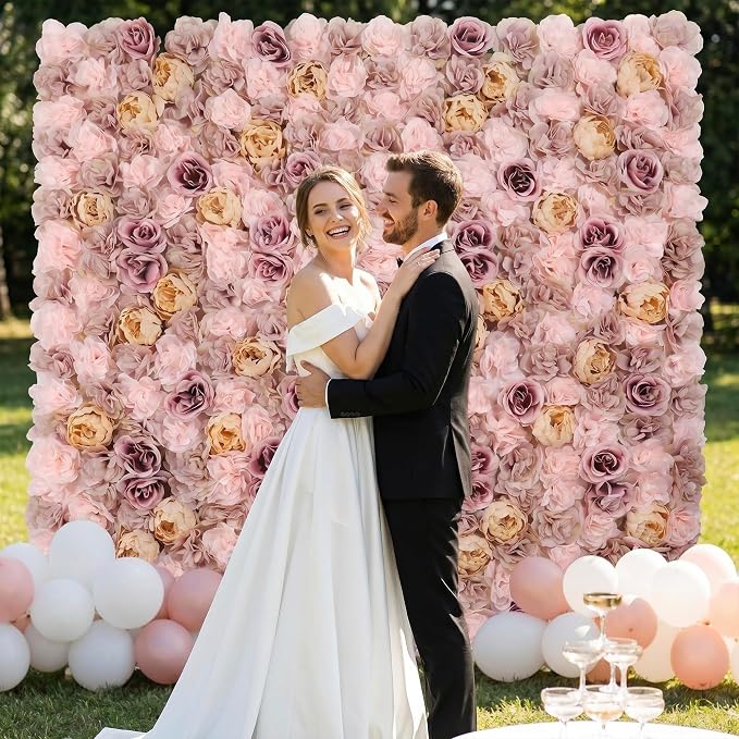 3D Flower Wall Backdrop 6 Pack, 24x16 Inch Coffee & Pink Artificial Rose Panels for Wedding, Party, Photo Studio, Home & Fence Decor