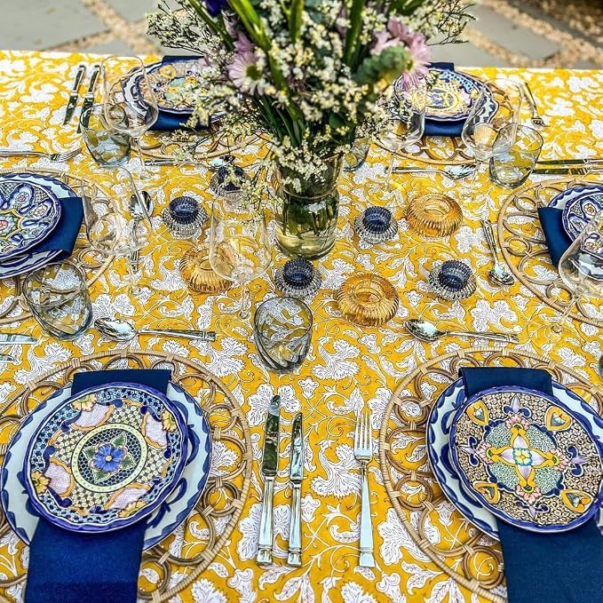 Ridhi Saffron Yellow Hand Block Print Cotton Rectangle Tablecloth 102" x 48" inches Reusable Table Cover Decorative Everyday Use for Dining Room, Farmhouse, Home Gift for Spring, Mother's Day