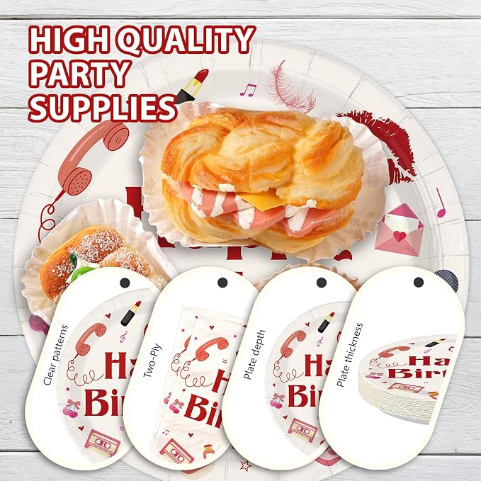 96Pcs Music Singer Happy Birthday Decorations Red lip Pink Bow Y2k Plates and Napkins Disposable Red Music Lovers Paper Tableware for Girls Women Singer Fans Birthday Bday Party Supplies Serves 24