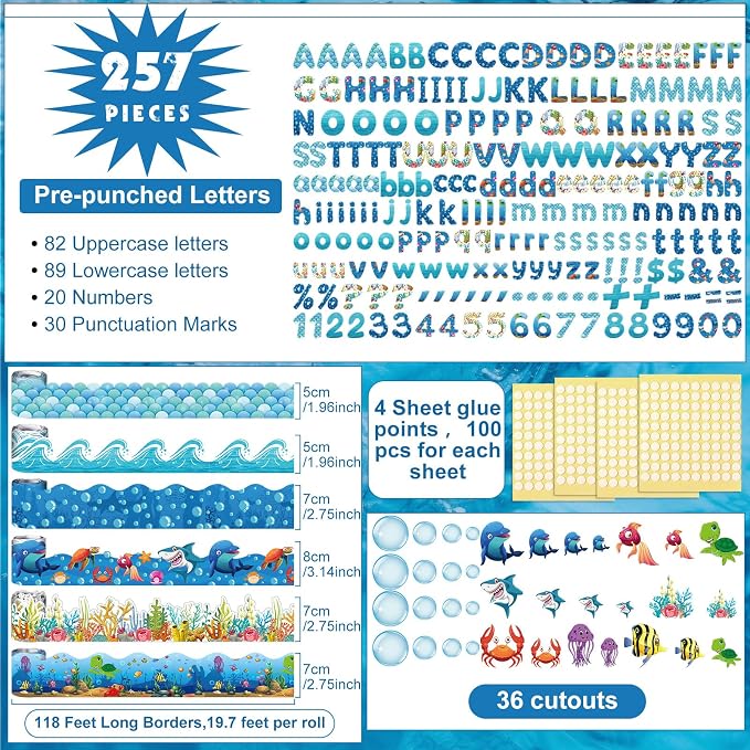 Kosiz Ocean Bulletin Board Decoration Set 118 ft Under The Sea Bulletin Board Borders Colorful Classroom Poster Border Trim with 257 Pcs Letter Number Symbol Cutout for School Decor
