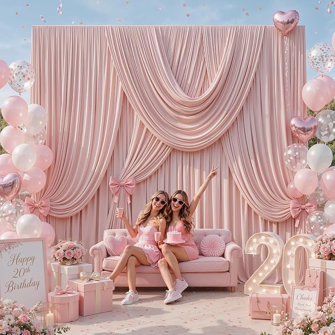 20FTx12FT Dusty Pink Wrinkle-Free Wedding Backdrop Curtain -Silky Washable White Polyester Drapes for Baby Showers, Birthday Parties, Photography, and Wedding Receptions-4 Panels 5FTx12FT