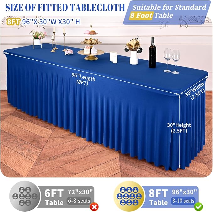 fani 6 Packs Royal Blue Stretch Table Skirts for 8 Foot Rectangle Table, Washable Spandex Stretch Tablecloths with Skirt, Wrinkle Resistant Fitted Tablecover for Wedding Party Banquet