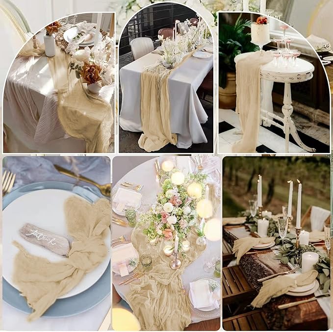 10 Pcs Beige Cheesecloth Table Runner 10FT, Gauze Table Runner for Wedding Reception Sheer Bridal Shower Birthday Party Boho Table Decoration, Rustic Romantic Wedding Runner