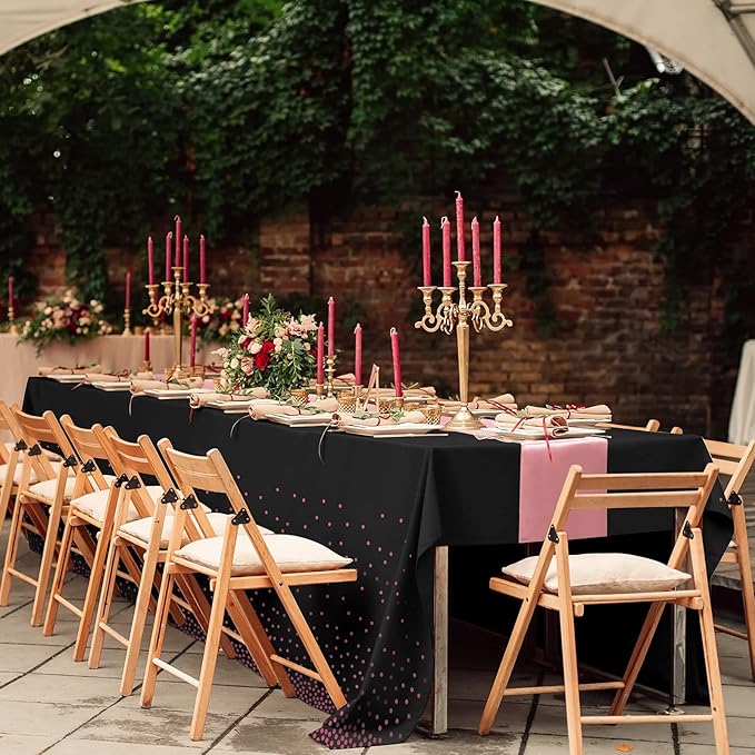 16Pack Disposable Plastic Tablecloths and Satin Table Runner Set Black and Rose Gold Dot Tablecloth Gold Satin Table Runner for Wedding Birthday Baby Shower Anniversary Christmas New Year Party Supply