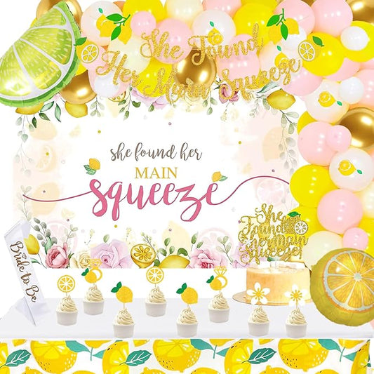 Lemon Bridal Shower Decorations, She Find Her Main Squeeze Bachelorette Party Decorations Backdrop Balloon Garland Glitter Banner Tablecloth Cake Cupcake Topper Sash Ring Gold Yellow