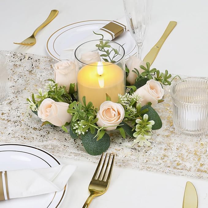 Artificial Flowers Candle Rings, 2 Sets Roses Rings Wreaths with LED Flameless Candles Artificial Eucalyptus Leaves for for Tables Chairs Valentine's Day Wedding Banquet Decor - Champagne