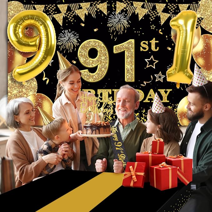 91st Birthday Decorations Men Women with 91st Birthday Banner, Black and Gold Table Cloth, Number Balloons, Large Sash, Cake Topper and Candles