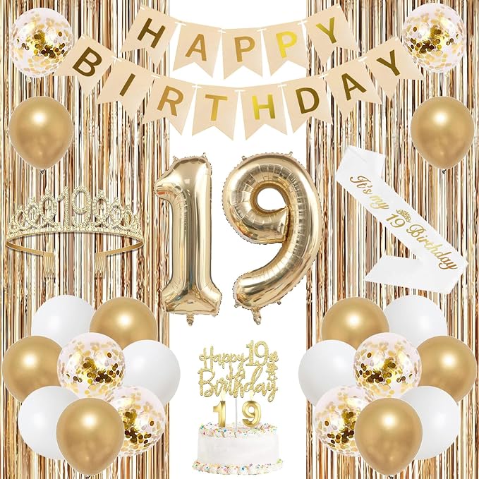 Trgowaul Happy 19th Birthday Decorations for Girls, Banner, Sash and Crown, Cake Topper, 19 Number Balloon, Fringe Curtains, Champagne Gold 19th Birthday Party Supplies