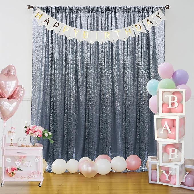 Sugargirl Black Silver Sequin Backdrop Curtain 6 Panels 2FTx8FT Glitter Black Silver Background Drapes Sparkle Photography Backdrop for Party Wedding Birthday Wall Decoration