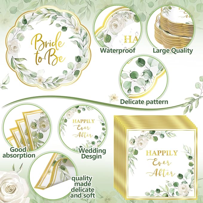 Funnymoom 452 Pcs Sage Green Bridal Shower Decorations for 50, Bride to Be Bridal Shower Paper Plates Napkins Cups Tablecloth Cutlery Straws for Eucalyptus Leaves Wedding Party Supplies
