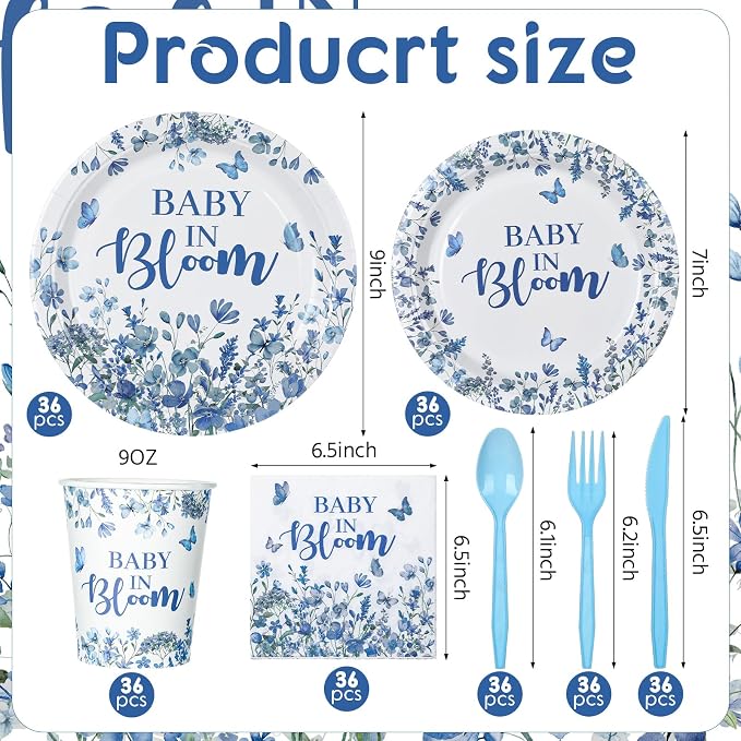Yungyan 252 Pcs Baby in Bloom Blue Floral Baby Shower Party Tableware Set Included Plates Napkins Cups Forks Knives Cutlery for Party Decorations Supplies 36 Guests