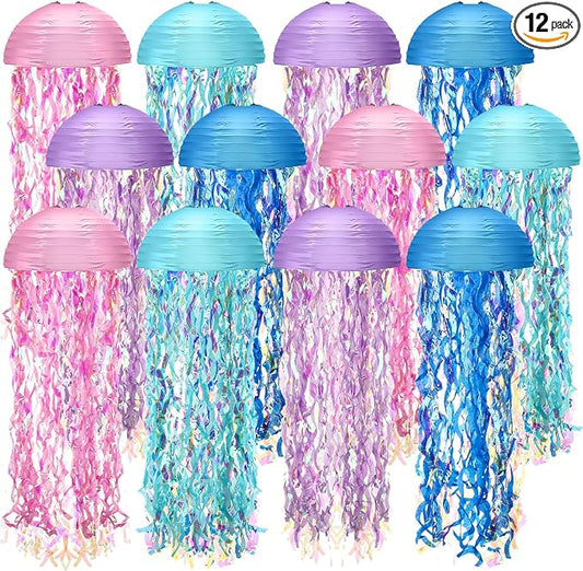 Baquler Set of 12 Jellyfish Paper Lanterns 10 Inch Semicircle Lanterns Hanging Decoration for Mermaid Sea Ocean Birthday Party Decorations (Pink, Light Blue, Light Purple, Royal Blue)