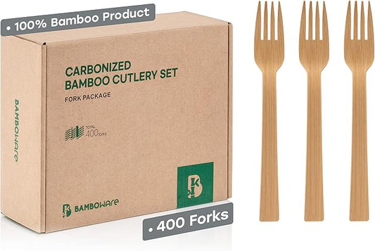 100% Bamboo Utensils - Carbonized Disposable Cutlery Biodegradable and Sanitized - Heavy Duty & Fully Functional (Fork - 400 Pieces)