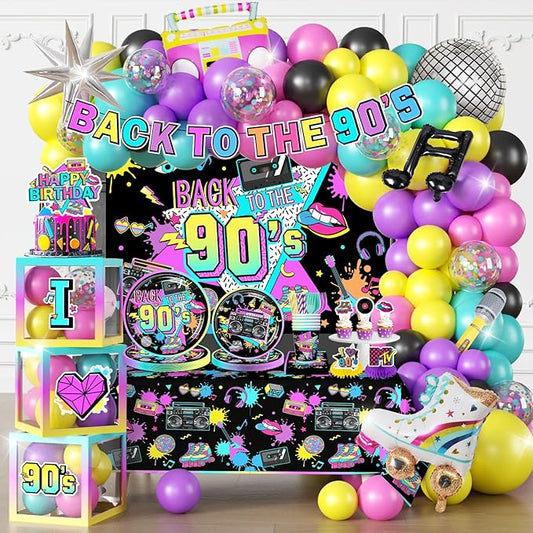 Cocomigo 303 PCS 90s Party Decorations, All-in-One 90s Birthday Party Decorations Set with Balloon Garland, 90s Backdrop, Tableware, 2 Tablecloths & Banner, Serves 25 Guests
