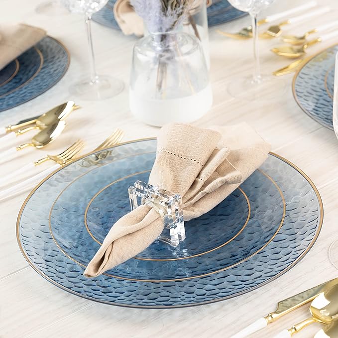 PLASTICPRO 64 Piece Combo Plates Set includes 32-7'' inch Plate & 32-10'' inch Plates Blue Hammered Plastic Party Plate Premium heavyweight Elegant, Disposable, Tableware, Dishes,