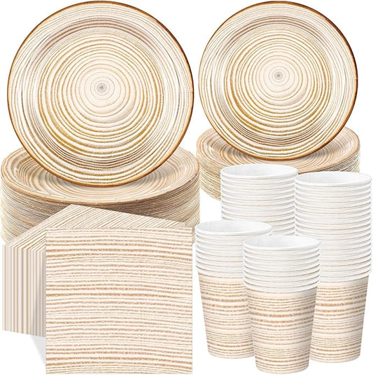 Ziliny 250 Pieces Rustic Wood Grain Party Tableware Set - Disposable Paper Plates, Cups & Napkins for 50 Guests - Lumberjack, Farmhouse, Camping, Forest Theme Birthday Decorations(Apricot)