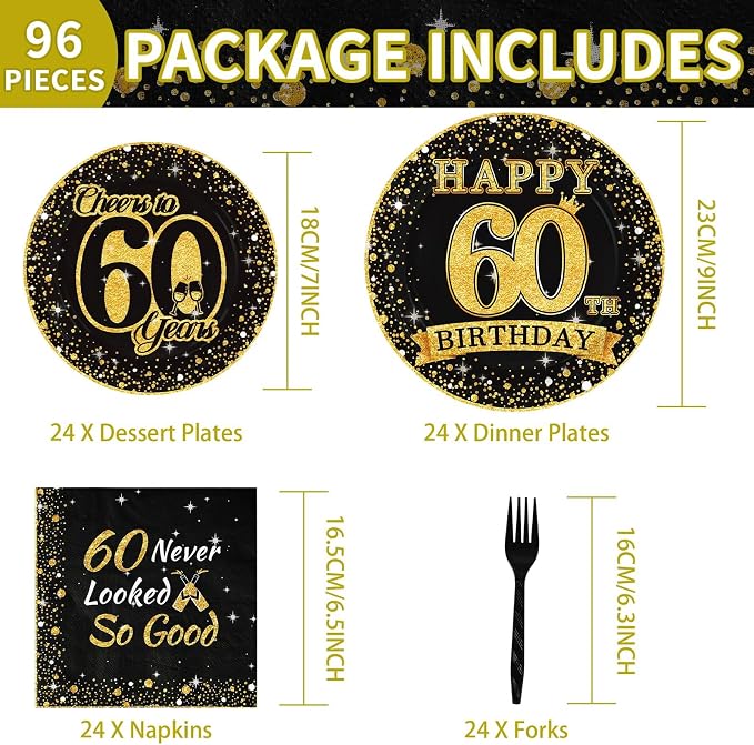 96Pcs 60th Birthday Party Decorations Vintage 1966 Birthday Plates and Napkins Black and Gold Tableware Sets Cheers to 60 Years Decorations for Mens Womens 60 Year Old Party Father's Day Serves 24