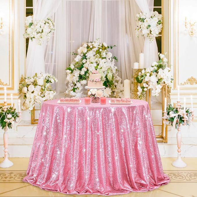 B-COOL Sequin Tablecloth Round Party Decorations: 132 Inch Tablecloths Sequin Overlay Glitter Fabric for Indoor and Outdoor Gathering Parties Fuchsia Pink