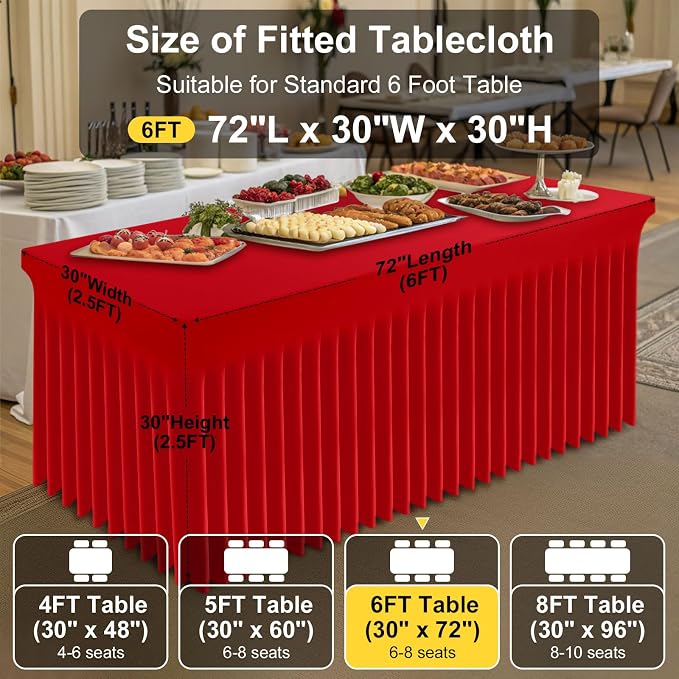 Smiry Spandex Tablecloth, Elastic Fitted Stretch Tablecloth for 6FT Rectangle Tables, Waterproof Washable Table Cover Skirt for Outdoor, Wedding, Banquet & Parties (Red, 72Lx30Wx30H Inch)