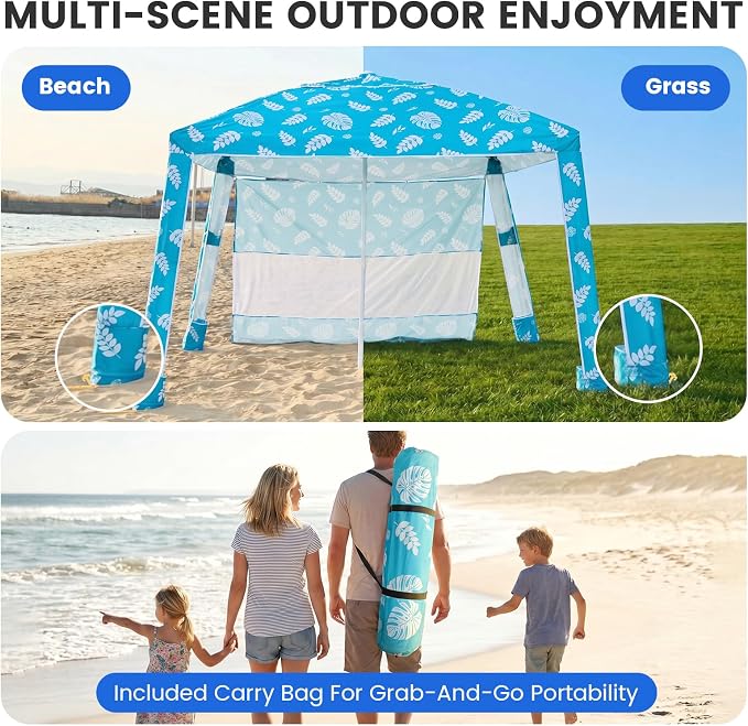 Zeraty Beach Cabana 8'×8', Portable Beach Canopy with Side Wall, UPF 50+ Silver-Coated Beach Tent Sun Shelter Easy Pop Up, Wind Resistant Adjustable Height Beach Umbrella Tent for Family, Lagoon