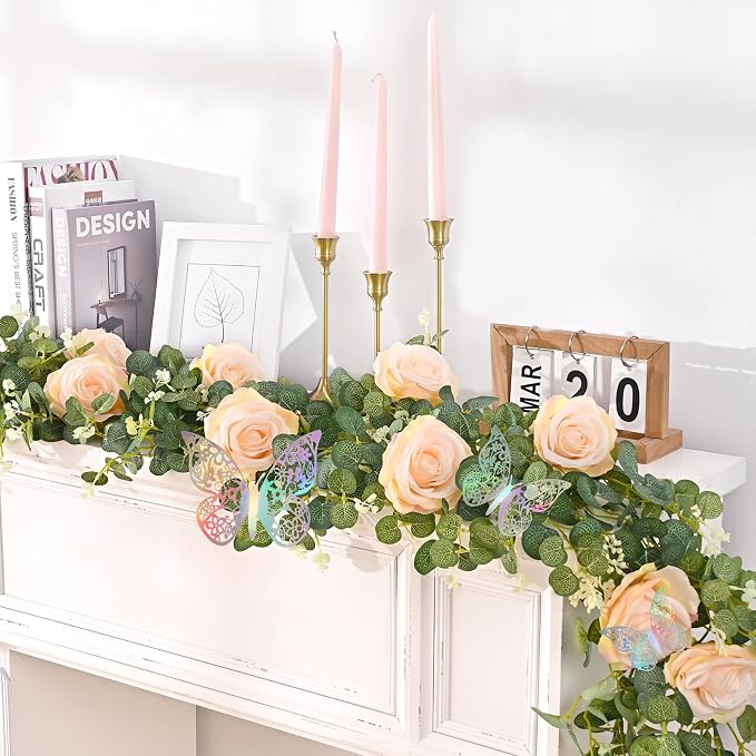 Yastouay 6.07 Ft Fuller Flower Garland with 3D Butterfly, Artificial Eucalyptus Garland with Champagne Flowers Fake Rose Vine for Table Centerpiece Wedding Baby Shower Party Room Backdrop Decor