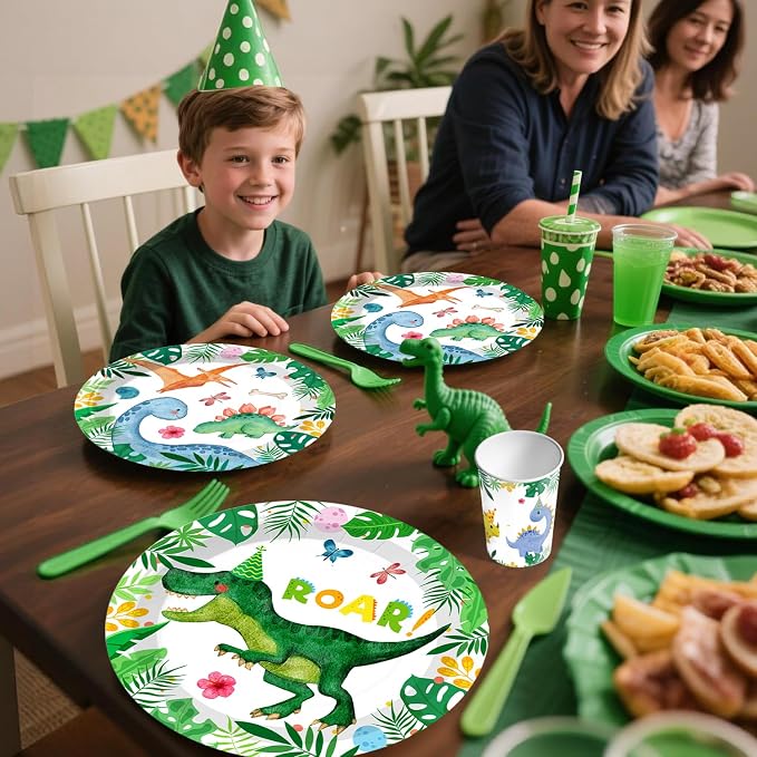 356pcs Dinosaur Birthday Decorations Serves 50, All-in-one Set with Dinosaur Plates and Napkins Set, Banner, Tablecloth, Cupcake Topper, Etc, for Boy Birthday Decorations and Dinosaur Theme Party