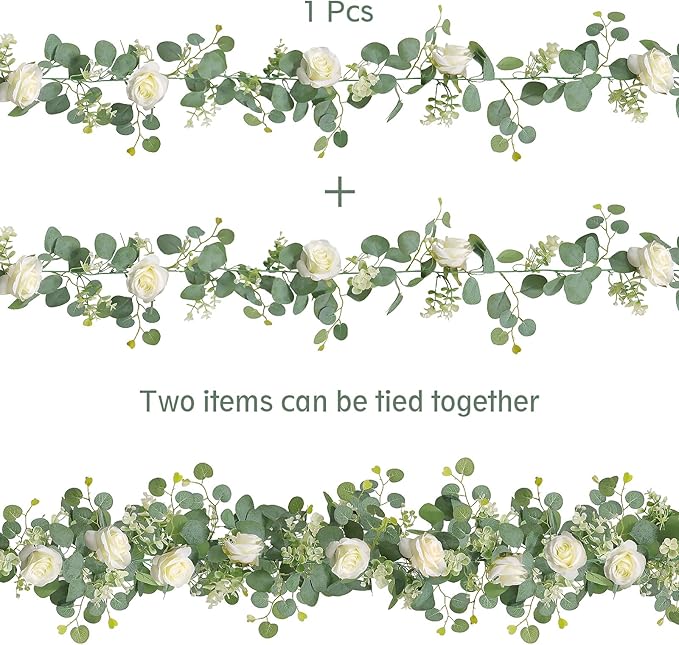 TOCHGREEN 4Pcs(26 Ft) Artificial Eucalyptus & White Rose Flower Garland, Faux Rose Vine & Gypsophila Greenery for Party & Wedding Decor (White, 4PCS)