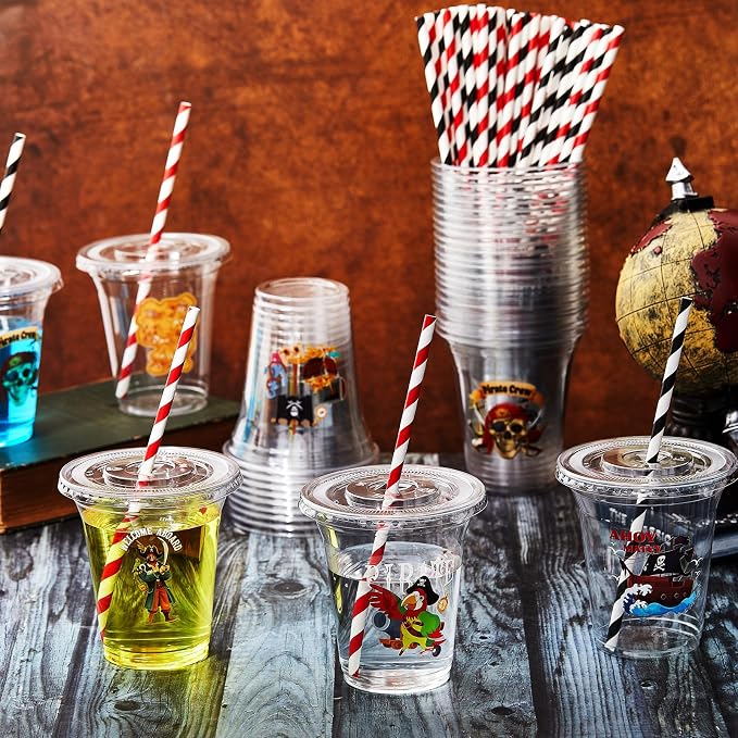 Qinyoung 60 Sets Pirate Plastic Cups Bulk 14 oz Pirate Treasure Theme Party Favor Supplies Ice Coffee Disposable Clear Plastic Cups Bulk with Lids and Paper Straws for Birthday Favors