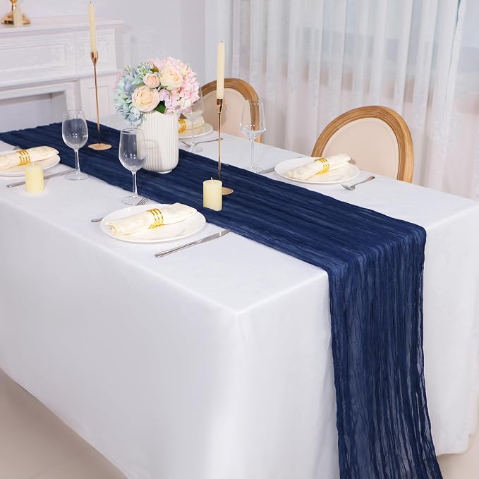 Snowkingdom 10 Ft Navy Blue Cheesecloth Table Runner, 120 inch Long Cheese Cloth Boho Gauze Runner for Christmas Wedding Bridal Baby Shower Birthday Holiday Party Sheer Table Decorations