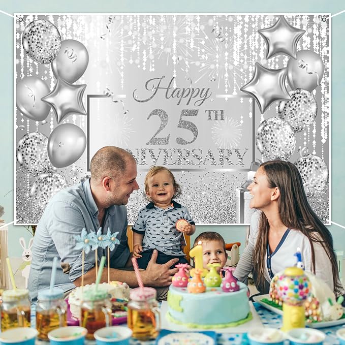 AOFOTO Happy 25th Anniversary Backdrop Glitter Grey Spots Ballons Printed Photography Background 25 Years Wedding Anniversary Party Home Wall Decor Supplies Banner Portrait Photo Studio Props 10x6.5ft