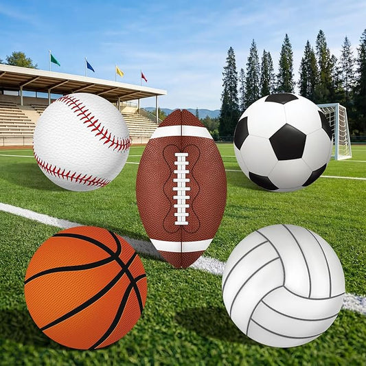 Capoda 5 Pcs Large Sports Cardboard Cutouts Stand up 16.5 to 26.4 inch Football Basketball Baseball Soccer Volleyball Party Decorations for Sport Themed Party Lawn Yard Decor Backdrop Photo Prop