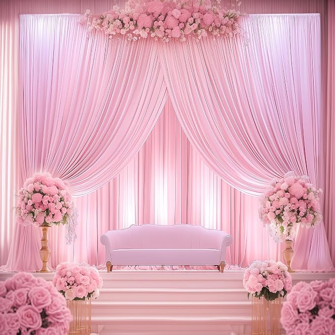 50ftx14FT Wrinkle Free Pink Backdrop Curtain, 10 Panels 14FT Height Pink Wedding Backdrop Drapes, Silky Polyester Back Drop Cloth for Birthday Photography Background Party Backdrop Draping
