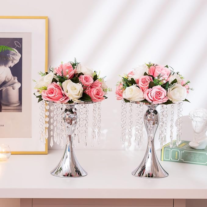 Silver Vase Stand Table: 10.2in Wedding Centerpieces, Set of 2 | High End Crystal Design Vase Stand for Wedding Party Reception Birthday Event Home, Tall Table Center Piece