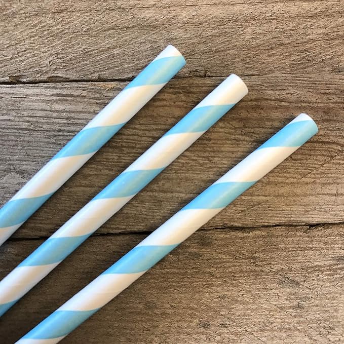 Biodegradable Striped Paper Straws,Paper Drinking Straws for Party, Events and Crafts,Baby Shower Decorations 7.75 Inches,100 Packs - Light Blue White - Striped