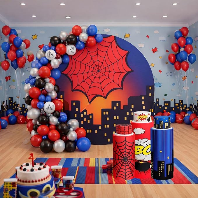 146 Pcs spider Arch Backdrop Cover Cylinder Stand Covers balloons set for party Photo Props 7.2 feet Round Backdrop spider Spandex Pedestal Covers for Birthday Baby Shower Ceremony Party Decor