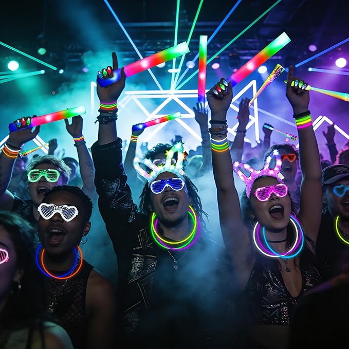 186 PCS Glow in the Dark Party Supplies,16 Foam Sticks,10 Glow Fiber Wands, 10 LED Glasses, 10 Glowing Rabbit Ears,100 Glow Sticks and 40 Finger Lights for Neon Party Birthday Carnivals Halloween