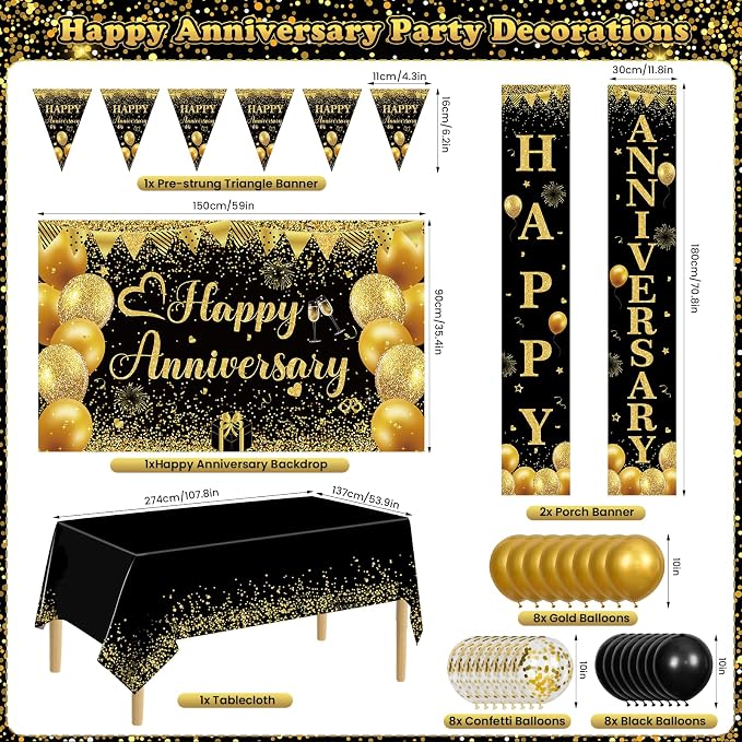 Black and Gold Happy Anniversary Decorations for Men Women, Black Gold Wedding Anniversary Party Decorations Banner, Porch Banner, Triangle Flag, Tablecloth and Balloons Kit Party Supplies