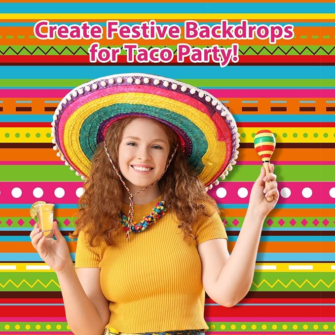 Kochorie 100 Ft x 54 Inch Mexican Fiesta Party Tablecloth Roll with Cutting Box Disposable Plastic Mexican Striped Table Cover Backdrop for Fiesta Taco Party Supplies