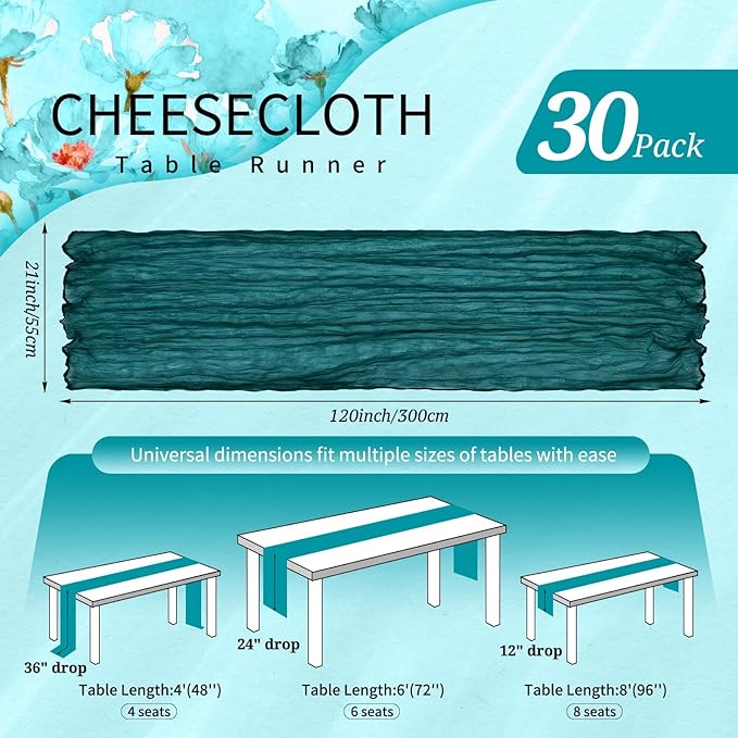 30 Pack Cheesecloth Table Runner 10FT Teal Table Runner Boho Gauze Cheese Cloth Table Runners Long Rustic Sheer Table Decorations for Wedding Party Baby Bridal Shower Birthday Holiday Home