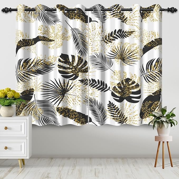 Black and Gold Curtains Tropical Jungle Plants Gold Palm Leaf Blackout Window Curtains for Bedroom Living Room Home Decor Tropical Palm Leaves Botanical Decorative Drapes,53x72 inch,2 Panels