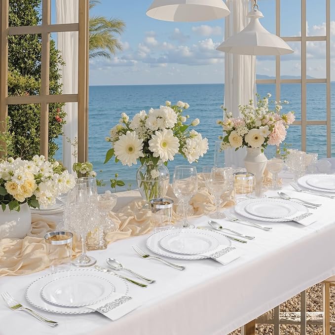 LIYH 350 Pcs Plastic Dinnerware Set for 50 Guests - White Silver