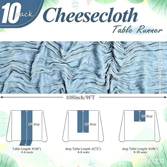 10 Pack Dusty Blue Cheesecloth Table Runner 17"x108" Boho Gauze Fabric Table Runner Vintage Rustic Sheer Runners for Wedding Party Bridal Baby Shower Table Decorations