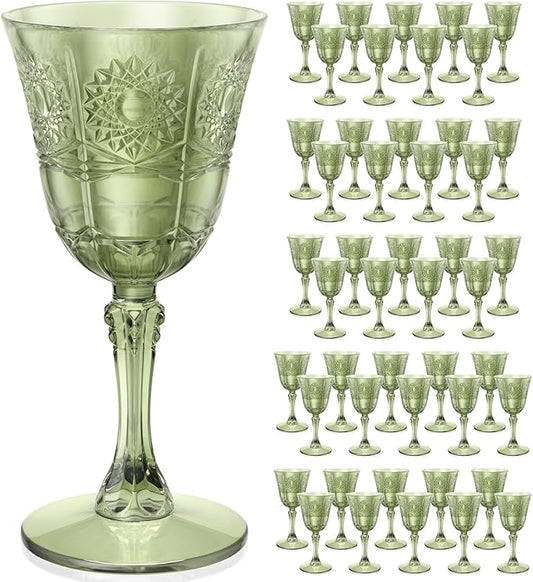 Plastic Wine Glasses, Unbreakable Wine Cups with Stem 6oz Disposable for Wedding Party Holiday, Sunflowers Vintage Plastic Goblets for Champagne, Juice, Cocktail (48 Pcs Green)