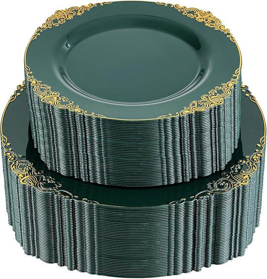 102PCS Green Plastic Plates - Green and Gold Plates - Fancy Heavy Duty Disposable Plate - Heavyweight Dinner & Dessert Plate for 51 Guests for Spring Party & Wedding