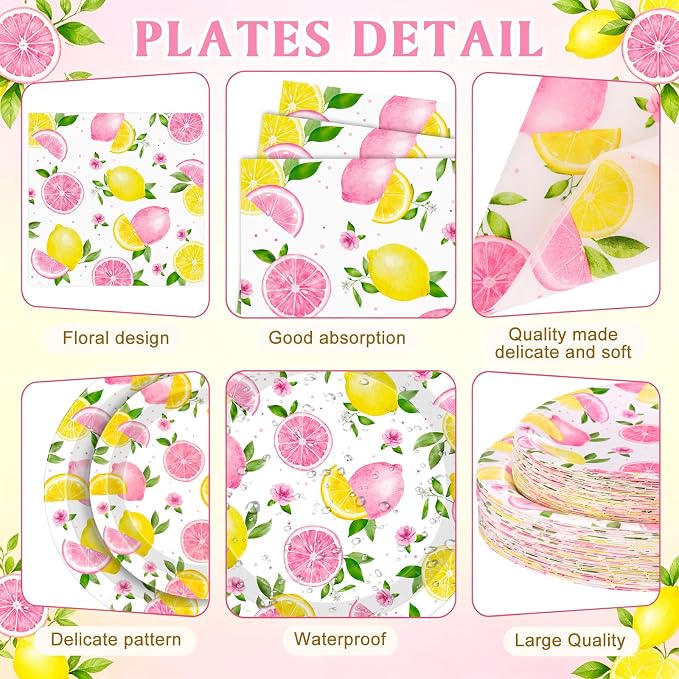 Funnymoom 400 Pcs Pink Lemon Party Supplies for 50 Guests Summer Pink Lemon Birthday Paper Plates and Napkins Knives Spoon Fork Cup Set Cutlery for Lemonade Theme Birthday Summer Bridal Shower