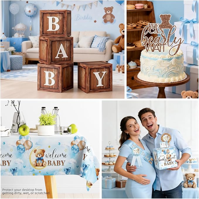 342Pcs Blue Bear Baby Shower Decorations Serves 25, All-in-1 Bear Party Decorations with Balloon Arch Kit Flower Crown Headband Plates Napkins Cake Topper Tablecloth Backdrop Blue Baby Shower Decor