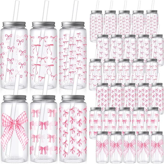 Skylety 30 Pcs Coquette Bow Aesthetic Cup Plastic Tumbler with Lids and Straws 13.5 oz Reusable Cute Plastic Cups for Women Sea Summer Birthday Bridal Wedding Party Supplies
