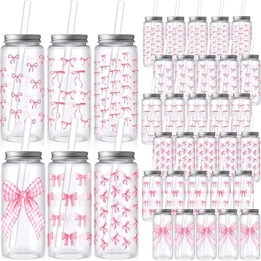 Skylety 30 Pcs Coquette Bow Aesthetic Cup Plastic Tumbler with Lids and Straws 13.5 oz Reusable Cute Plastic Cups for Women Sea Summer Birthday Bridal Wedding Party Supplies